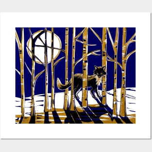 Fox in Moonlit Forest Linocut in blue and gold Posters and Art